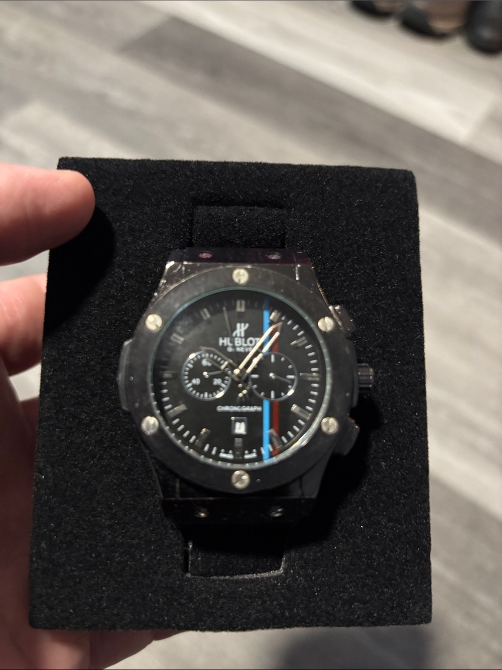 Source Unknown Black Men's Chronograph Watch with Blue and Red Accents